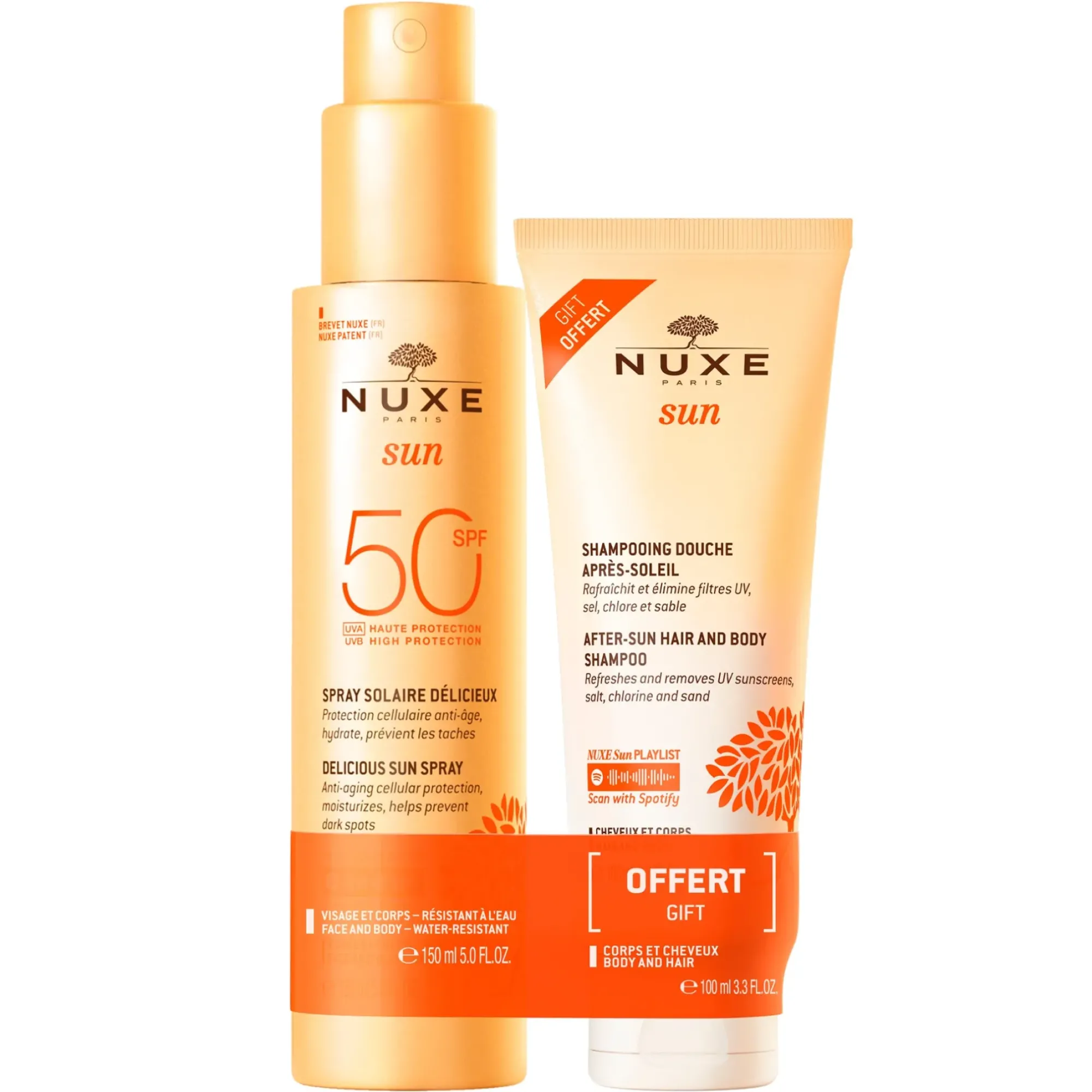 NUXE Duo Spray Solaire Délicieux Haute Protection SPF50 visage et corps et Shampooing Douche après-soleil 100ml offert Best Sale